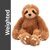A brown plush sloth toy is sitting on a white background.
