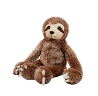 A brown plush sloth toy sitting on a white background.