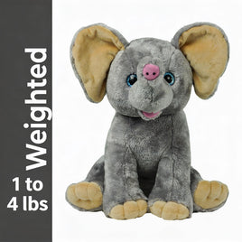 A stuffed gray elephant toy with large ears and a pink nose, sitting on its hind legs.