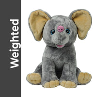 A gray stuffed elephant toy with large ears and a pink nose, sitting on its hind legs.