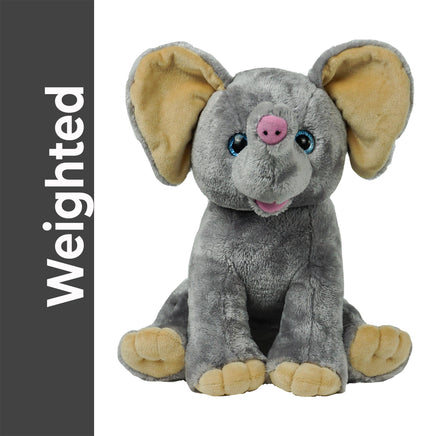 A gray stuffed elephant toy with large ears and a pink nose, sitting on its hind legs.