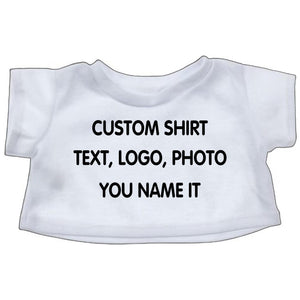 A white t-shirt with the text "CUSTOM SHIRT" printed on it.