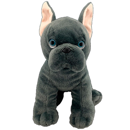 A plush toy of a black dog with large blue eyes and pink ears.