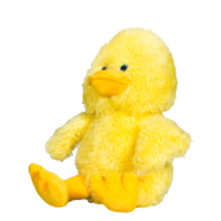 A yellow stuffed duck toy sitting on a white background.