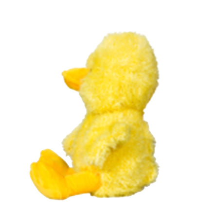 A yellow plush duck toy is sitting on its back legs against a white background.