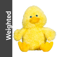 A yellow stuffed duck toy is sitting on a white background.