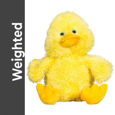 A yellow stuffed duck toy is sitting on a white background.