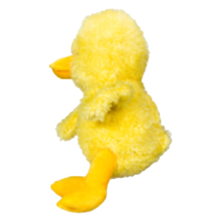 A yellow plush duck toy is sitting on its back legs against a white background.