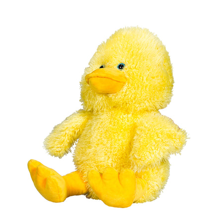 A yellow stuffed duck toy sitting on a white background.