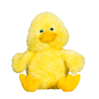 A yellow stuffed duck toy sitting on a white background.
