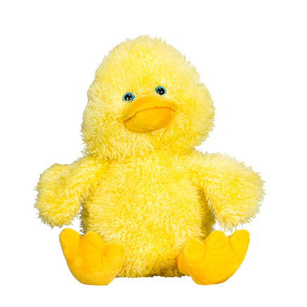 A yellow plush duck toy sitting on a white background.