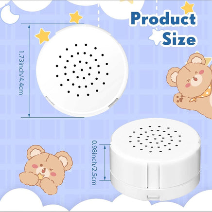 The image is a product size diagram for a white speaker with a circular design and a speaker with a circular design. The speaker has a diameter of 1.73 inches and a height of 0.96 inches. The image also includes a cartoon image of a bear and a bear with a yellow star on its head.