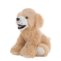 A tan stuffed dog toy with a white face and black spots is sitting on a white background.