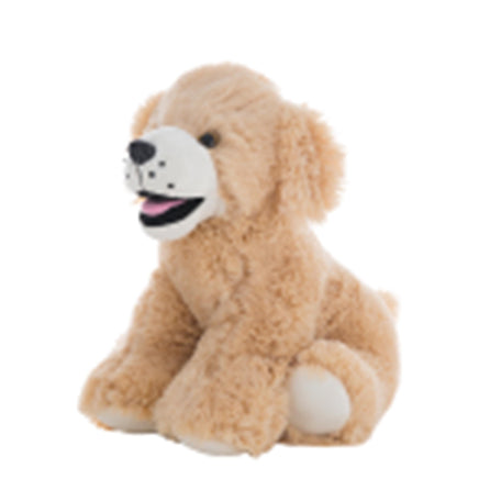 A tan stuffed dog toy with a white face and black spots is sitting on a white background.