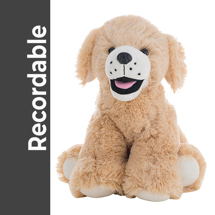 A stuffed dog toy with a friendly expression, sitting on a white background.