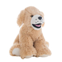 A light brown stuffed dog toy with a white face and black spots sits on a white background.