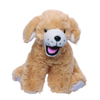 A stuffed dog toy with a happy expression, sitting on its hind legs and appearing to be smiling.