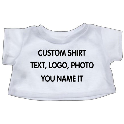 A white t-shirt with the text "CUSTOM SHIRT" printed on it.