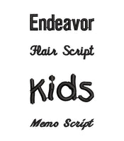 three different font styles: Endavor, Hair Script, and Kids. The text is black and appears to be part of a larger design or pattern.