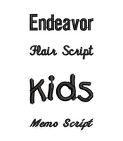 three different font styles: Endavor, Hair Script, and Kids. The text is black and appears to be part of a larger design or pattern.
