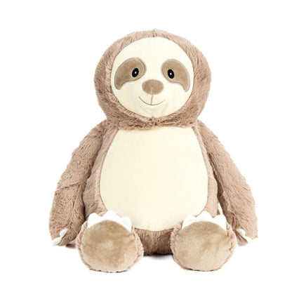 A plush toy of a sloth sitting on a white background.