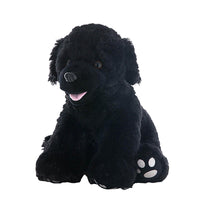 A black dog stuffed animal sitting on a white background.