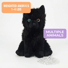 A black stuffed animal dog with large eyes sits on a white background, accompanied by a pile of clear beads.