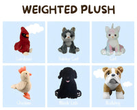 The image is a collage of six stuffed animal images, each depicting a different plush toy, including a cardinal, tabby cat, chicken, black lab, bulldog, and whimsy cat.