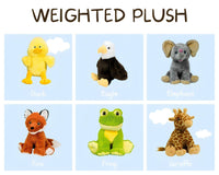 Weighted plush toys of ducks, eagles, elephants, frogs, foxes, and giraffes are displayed in a collage.