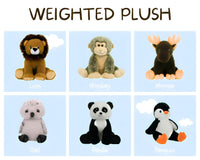 Weighted plush toys of a lion, monkey, moose, panda, owl, and penguin