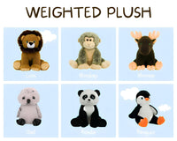 Weighted plush toys of a lion, monkey, moose, panda, owl, and penguin