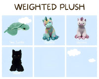Weighted plush toys of sea turtle, unicorn, and unicorn, along with a black cat, are displayed in a collage.