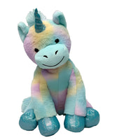 A plush toy of a unicorn with a multicolored pattern and a blue horn.