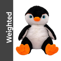 A stuffed penguin toy with a black and white body, orange feet, and blue eyes.