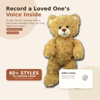 a brown teddy bear with a message inside, and it is accompanied by text and a button for recording a message.