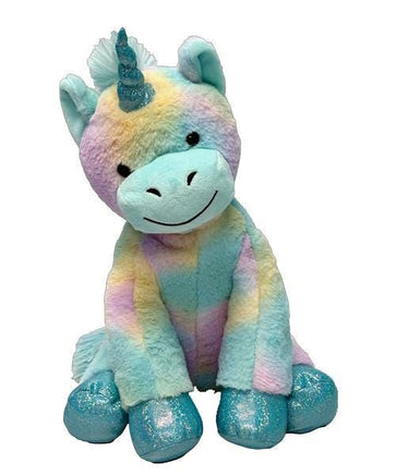 A plush toy of a unicorn with a blue and pink color scheme and a glittery horn.