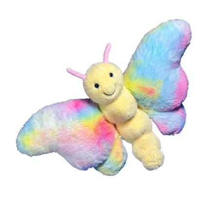 A colorful, plush butterfly toy with a smiling expression.