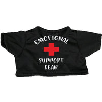 A black t-shirt with white text and a red cross symbol printed on it.