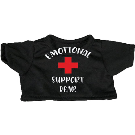 A black t-shirt with white text and a red cross symbol printed on it.