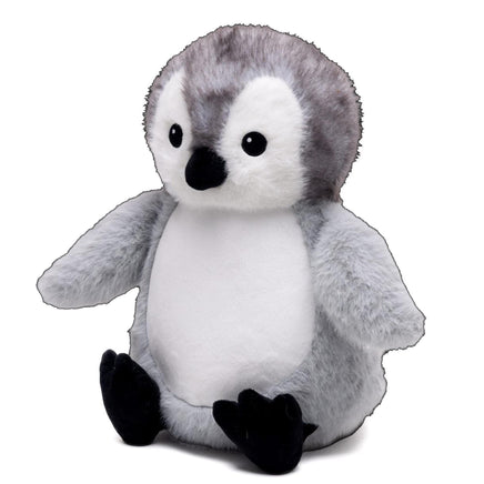 A plush penguin toy with a white body, gray head, and black feet.