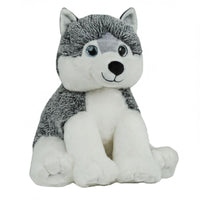 A plush toy of a husky dog sitting on a white background.