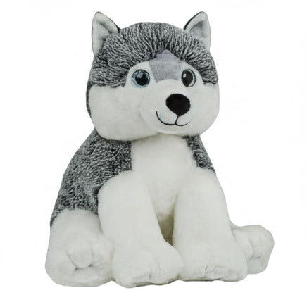 A plush toy of a husky dog sitting on a white background.