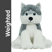 A plush toy of a husky dog, with a gray and white fur pattern and blue eyes, sitting on its hind legs.