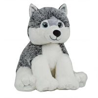 A plush toy of a husky dog sitting on a white background.