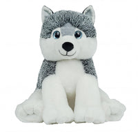 A plush toy of a husky dog with a gray and white fur coat and blue eyes.