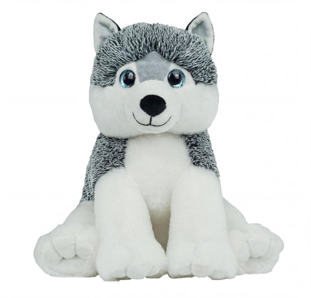 A plush toy of a husky dog with a gray and white fur coat and blue eyes.