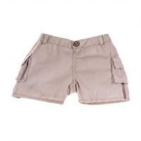 A pair of khaki cargo shorts with pockets and a button waistband.