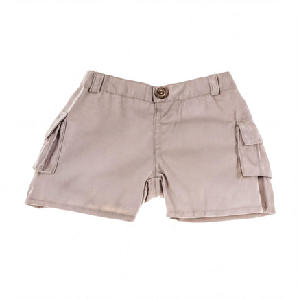 A pair of khaki cargo shorts with pockets and a button waistband.