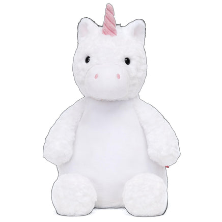 A white plush unicorn toy with a pink horn and tail.