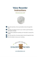 The image is a set of instructions for a voice recorder, with a close-up of the device and a logo for Bakers Bears.